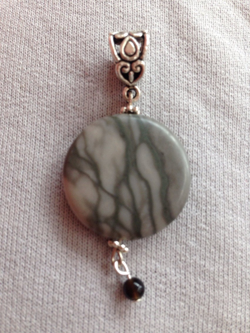 Pendant canyon gray marble and black onyx, stone pendant, marble round disc