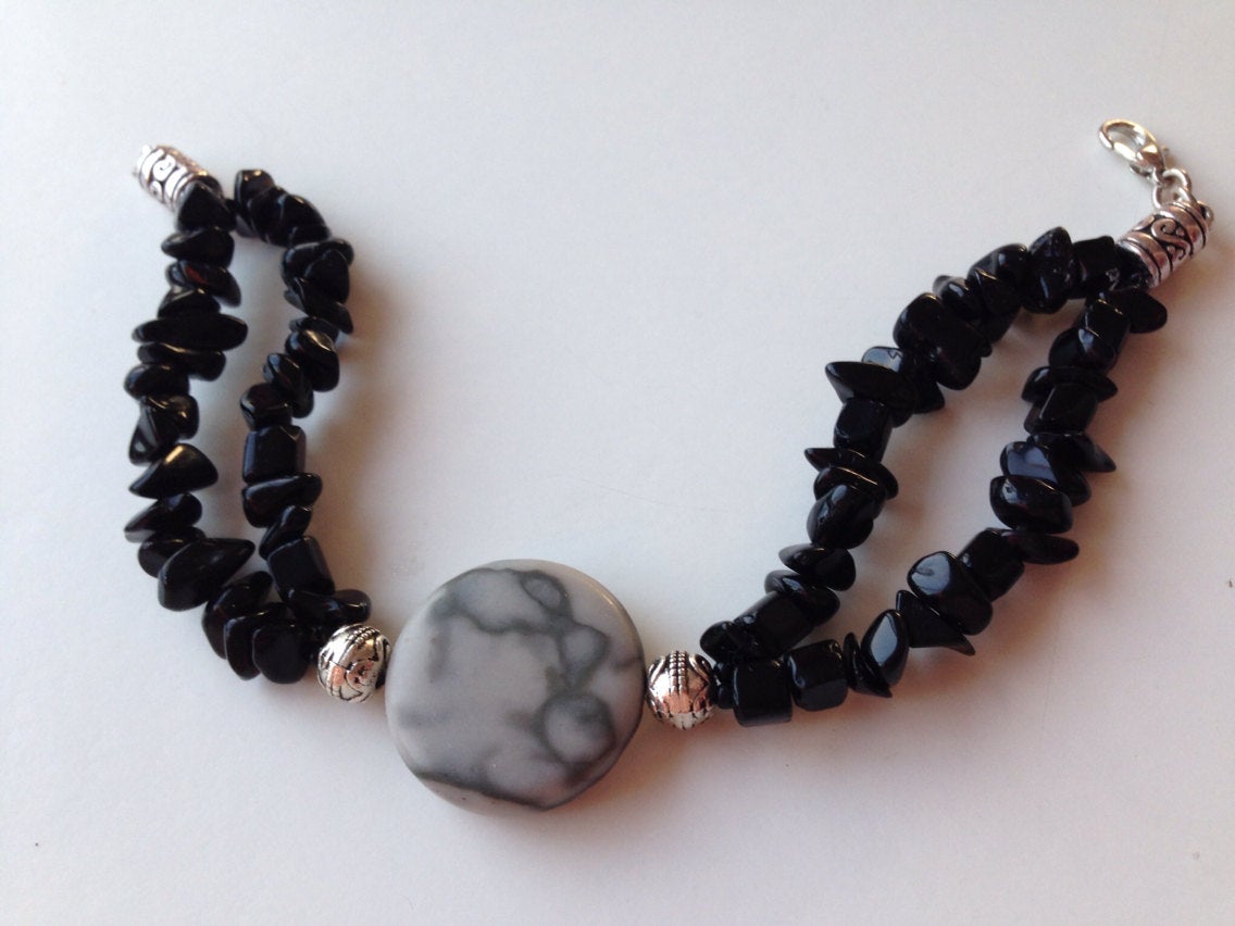 Ladies bracelet (B085) in black onyx and canyon gray marble, stone jewelry, stone bracelet