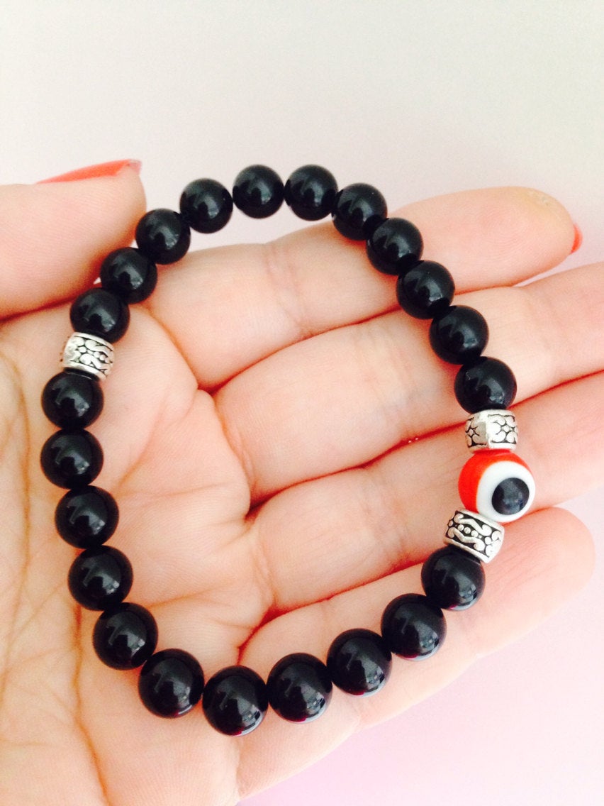Men's bracelet - red evil eye bead with black onyx, Unisex, stone bracelet, stone jewelry