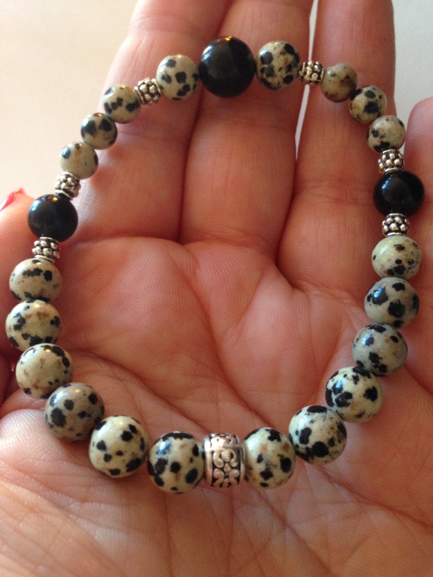 Men's bracelet in Dalmatian jasper and Jet, stone bracelet, stone jewelry, mala bracelet