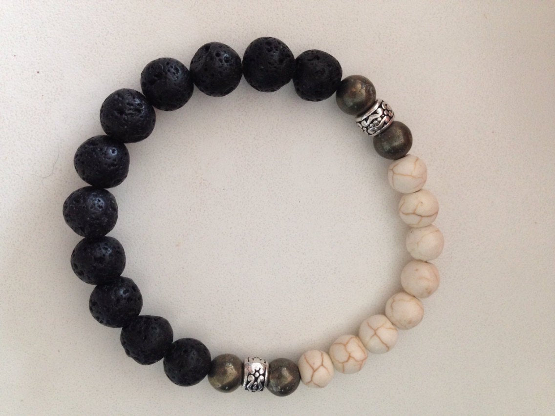 Men's bracelet BLACK LAVA stones, pyrite & white Howlite, grounding, best selling bracelet, best seller, top seller