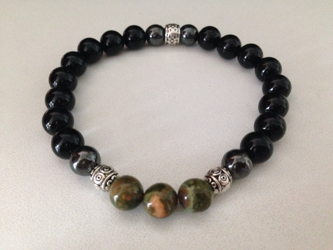 Men's bracelet (B137) with black onyx, hematite and rhyolite, stone bracelet, stone jewelry, gift for him, healing stone bracelet