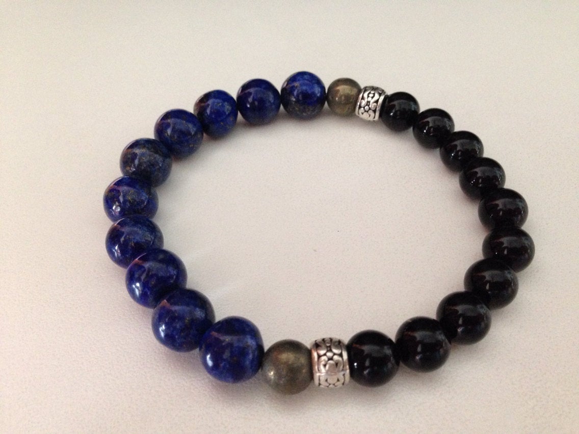 Men's bracelet in lapis lazuli, black onyx and pyrite, protection amulet, stone bracelet, natural stone jewelry