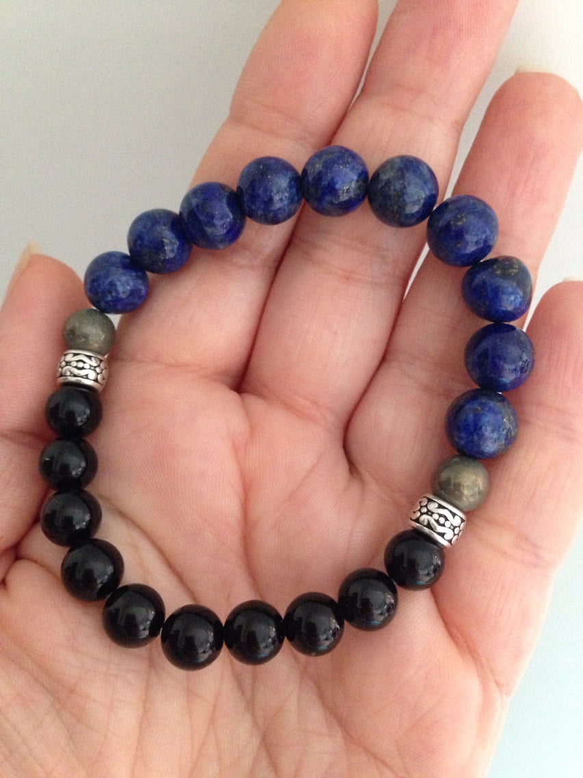 Men's bracelet in lapis lazuli, black onyx and pyrite, protection amulet, stone bracelet, natural stone jewelry