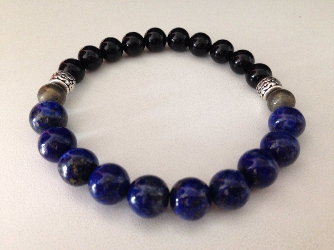 Men's bracelet with lapis lazuli, black onyx, and pyrite beads protection amulet natural stone jewelry