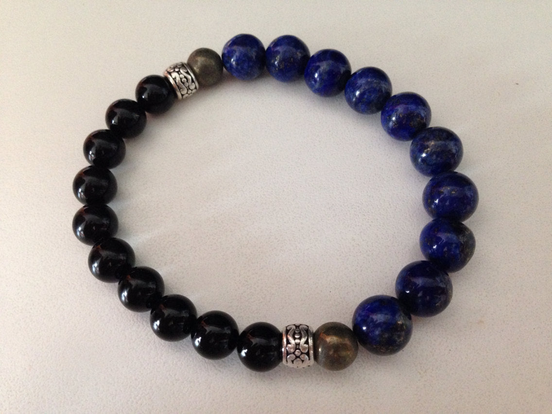Men's bracelet in lapis lazuli, black onyx and pyrite, protection amulet, stone bracelet, natural stone jewelry
