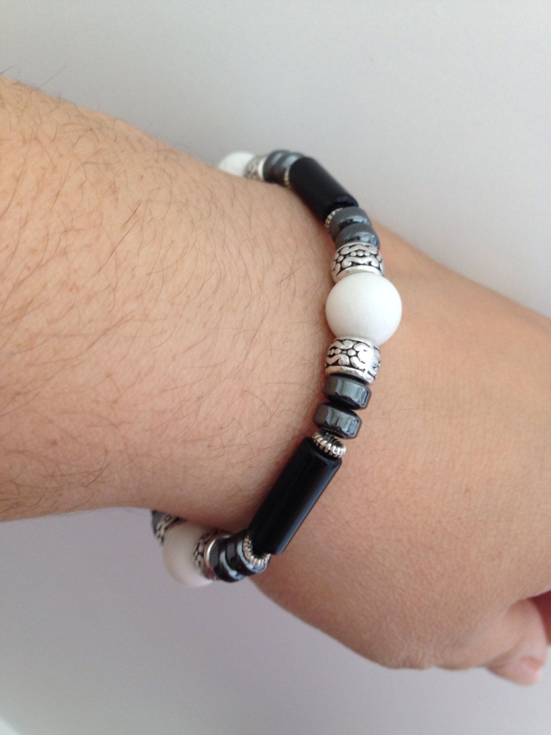 Men's bracelet White Dolomite, Hematite and Black Onyx, gift for him, stone bracelet, mala bracelet