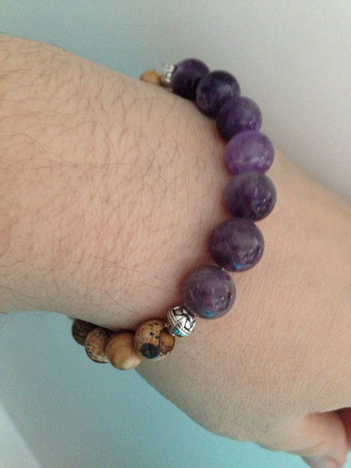 Women's Bracelet in Amethyst and Picture Jasper stone bracelet, February birthstone, stone jewelry