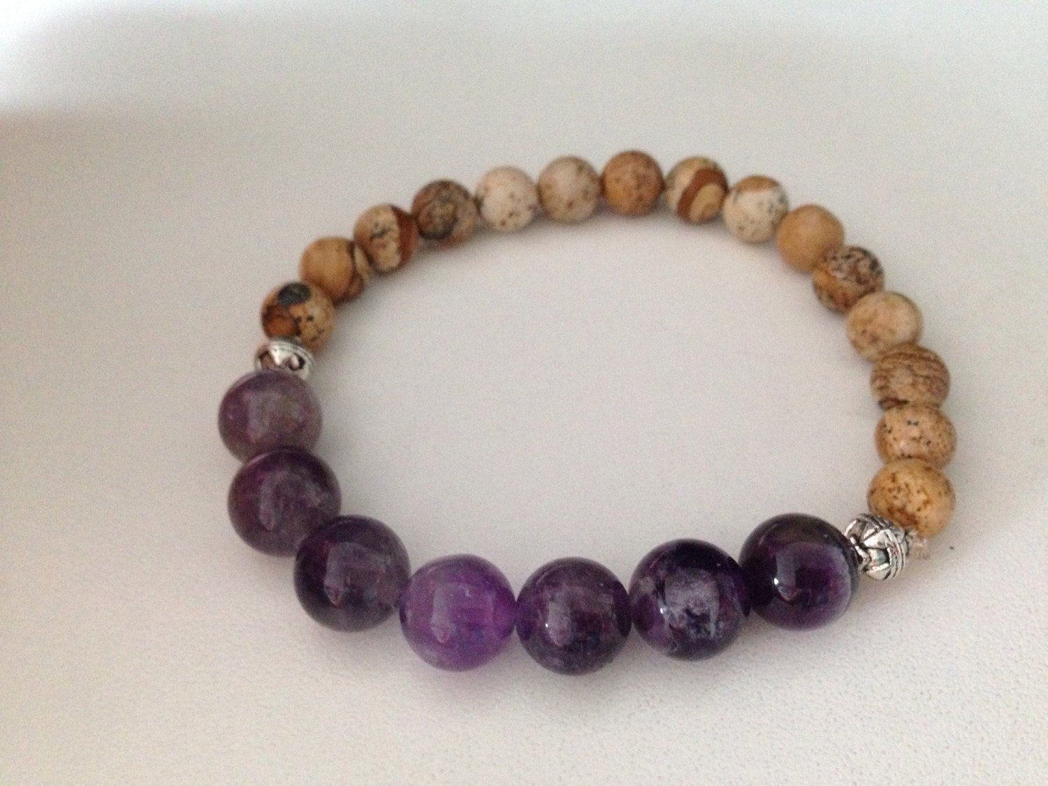 Women's bracelet featuring amethyst and picture jasper stone beads, handmade jewelry