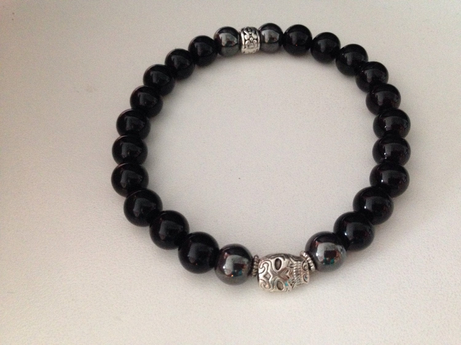 SKULL mens bracelet with hematite and black onyx, Halloween, Day of the Dead