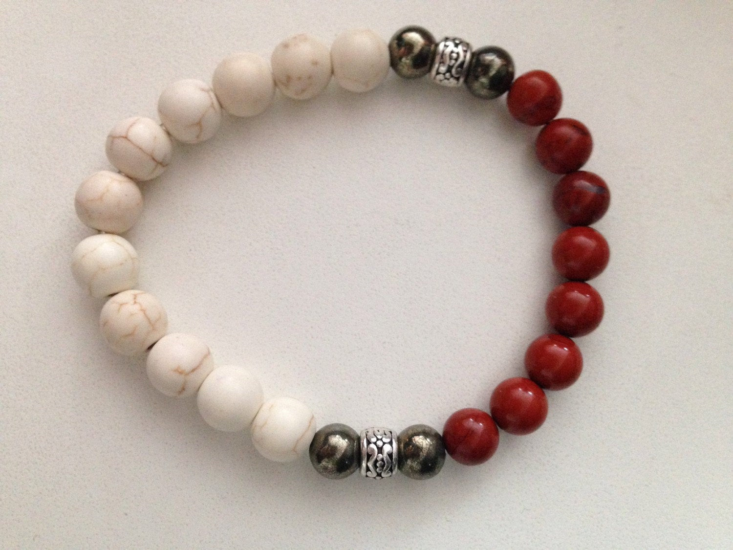 MENS BRACELET in howlite, pyrite and red jasper stone, yin yang balance, gift for him, mens jewelry