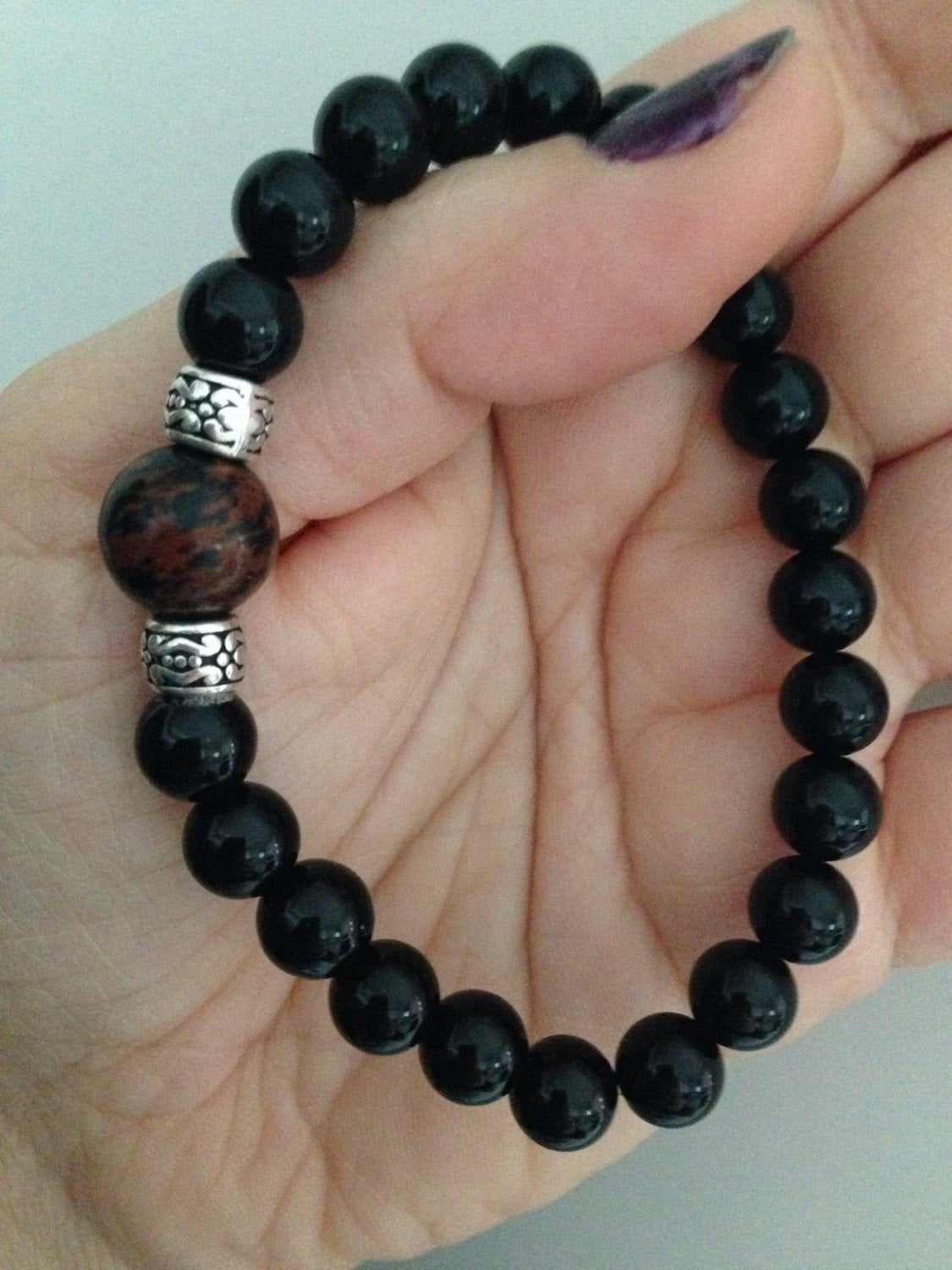 Men's bracelet in Mahogany Obsidian and black onyx, protection bracelet, prosperity amulet, stone bracelet, black onyx bracelet