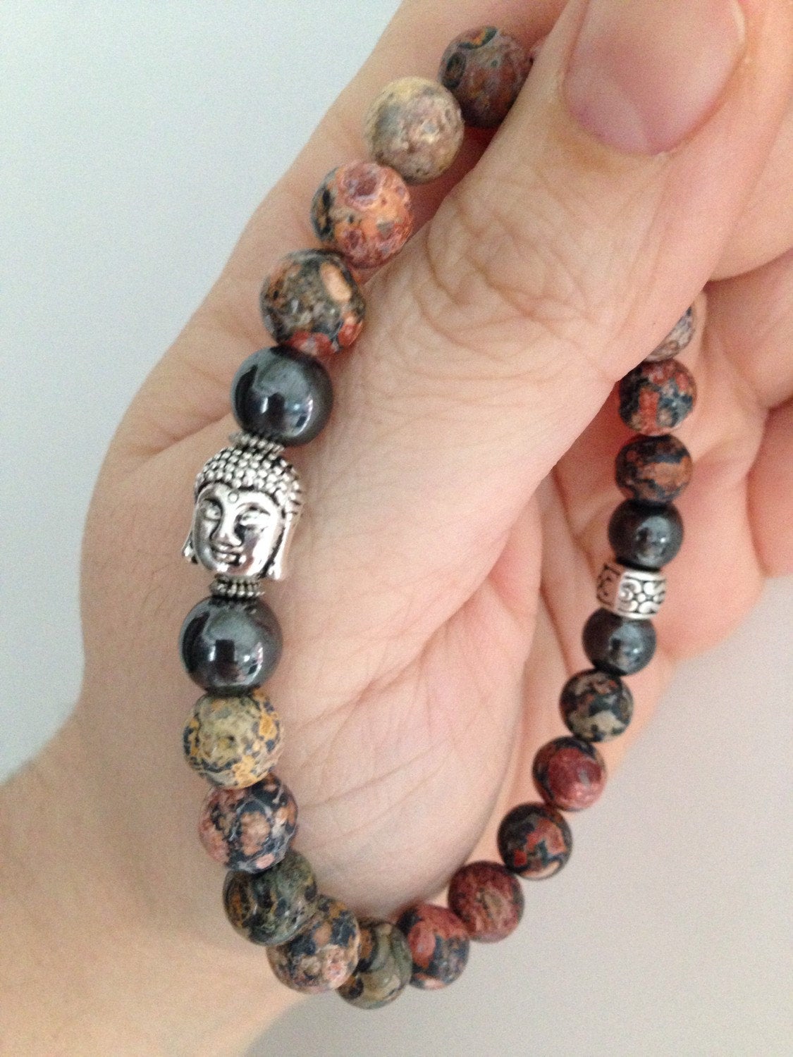 MENS BRACELET (B011) Buddha mens bracelet in leopardskin jasper and hematite, calming and grounding, zen jewelry