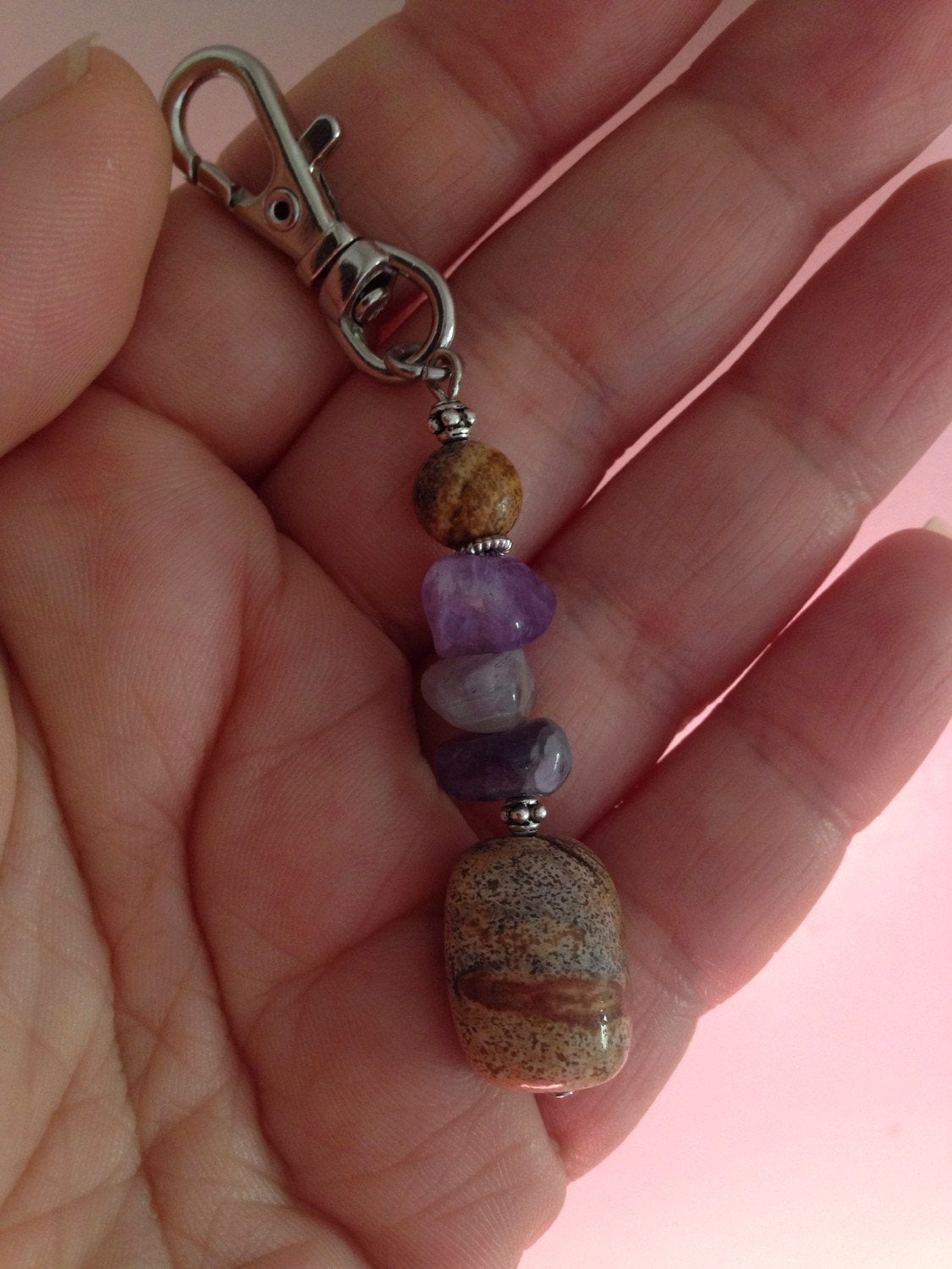 KEYCHAIN (KC016) purse charm in Amethyst and Picture Jasper, stone keychain, stone charm amulet