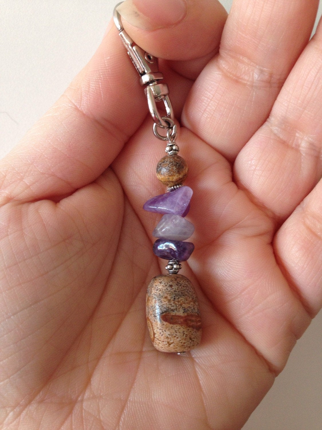 KEYCHAIN (KC016) purse charm in Amethyst and Picture Jasper, stone keychain, stone charm amulet