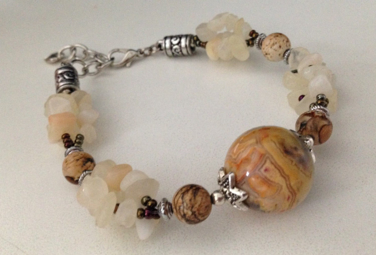 Women's bracelet in Crazy lace agate with aragonite and picture jasper (B186), stone jewelry