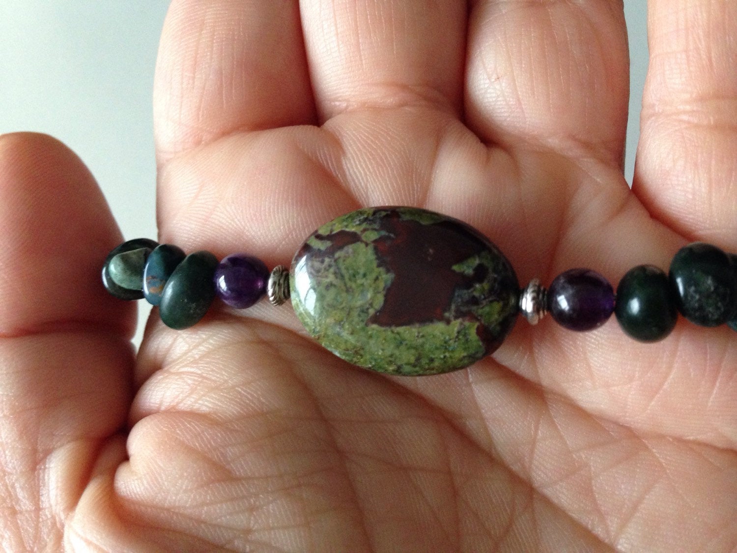 Men's bracelet in Bloodstone, amethyst , black onyx and hematite (B189), Aries Zodiac, stone bracelet, stone jewelry