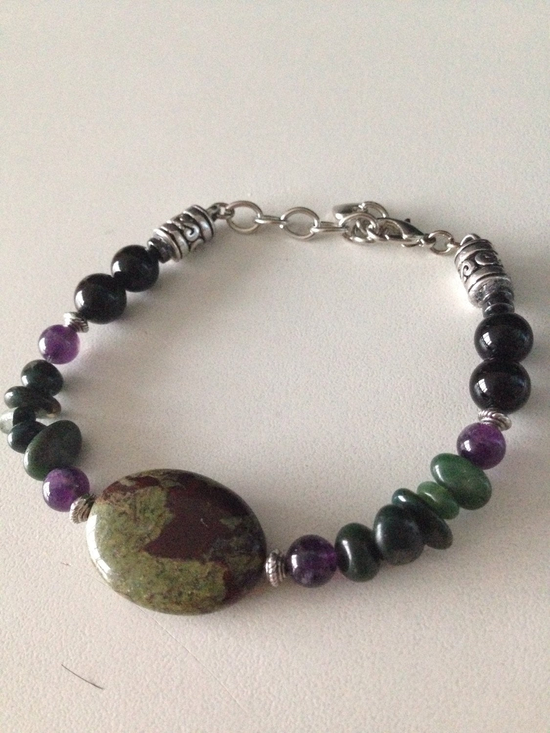 Men's bracelet in Bloodstone, amethyst , black onyx and hematite (B189), Aries Zodiac, stone bracelet, stone jewelry