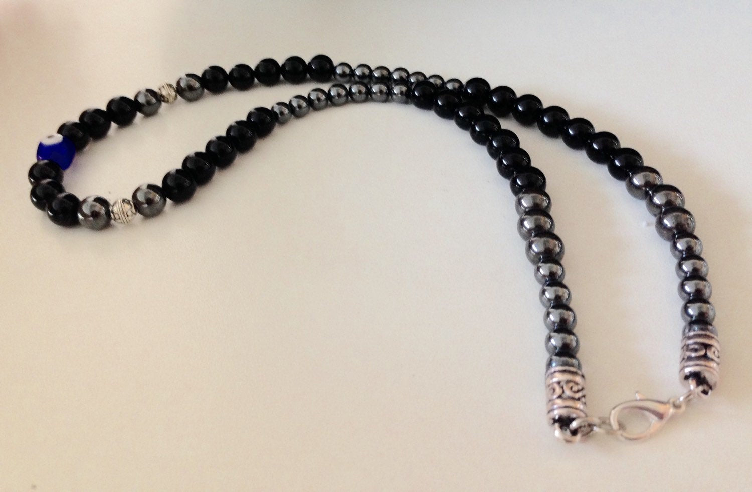 Men's necklace with black onyx and hematite, gift for him, men's necklace, blue evil eye bead