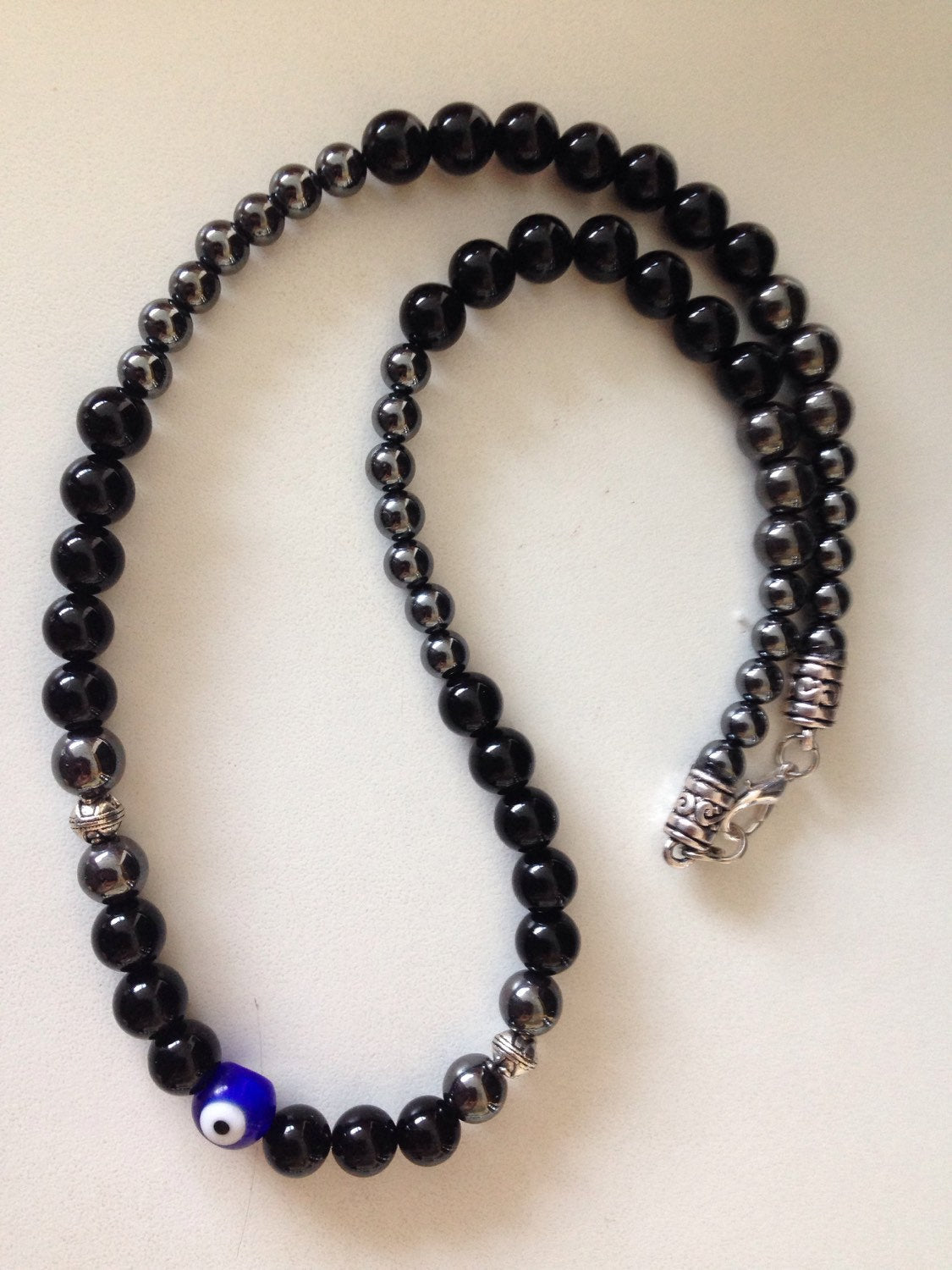 Men's necklace with black onyx and hematite, gift for him, men's necklace, blue evil eye bead