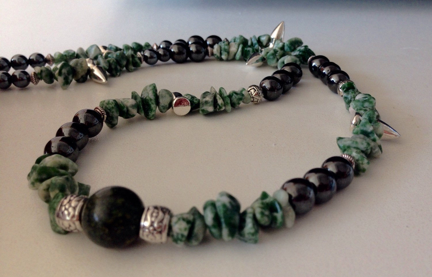 Men's Necklace SPIKES w/tree agate, Russian Serpentine and hematite, stone jewelry, gift for him, spike jewelry, stone necklace