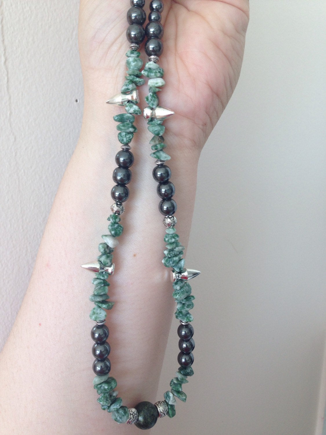 Men's Necklace SPIKES w/tree agate, Russian Serpentine and hematite, stone jewelry, gift for him, spike jewelry, stone necklace