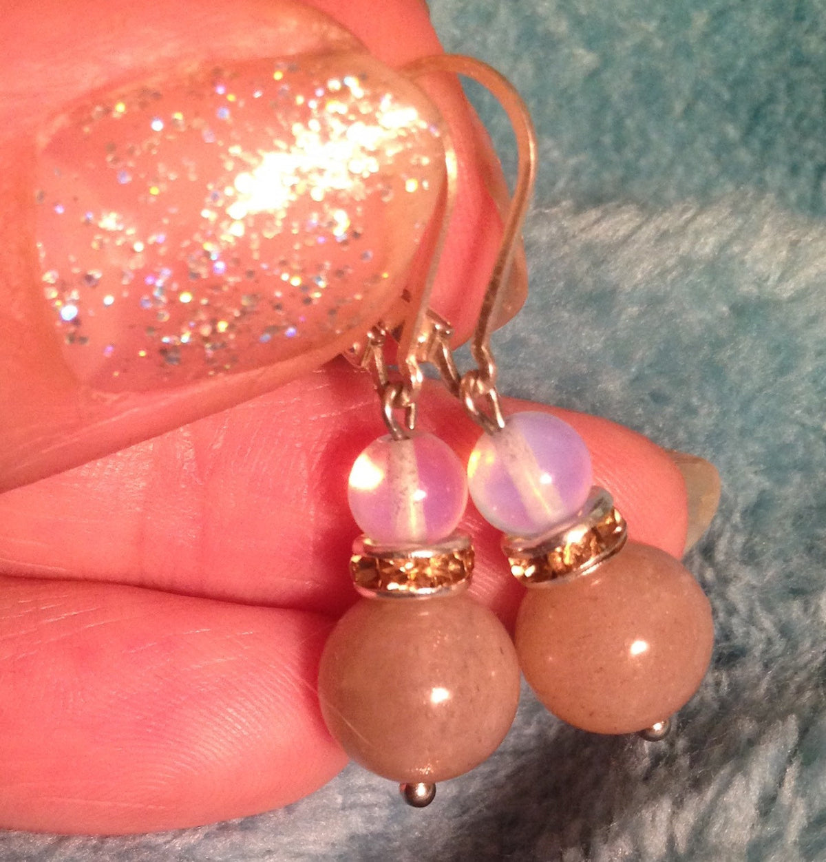 Womens earrings (E024) Peach moonstone and opalite earrings, crystal rhinestones, natural stone earrings, stone jewelry, stone gift