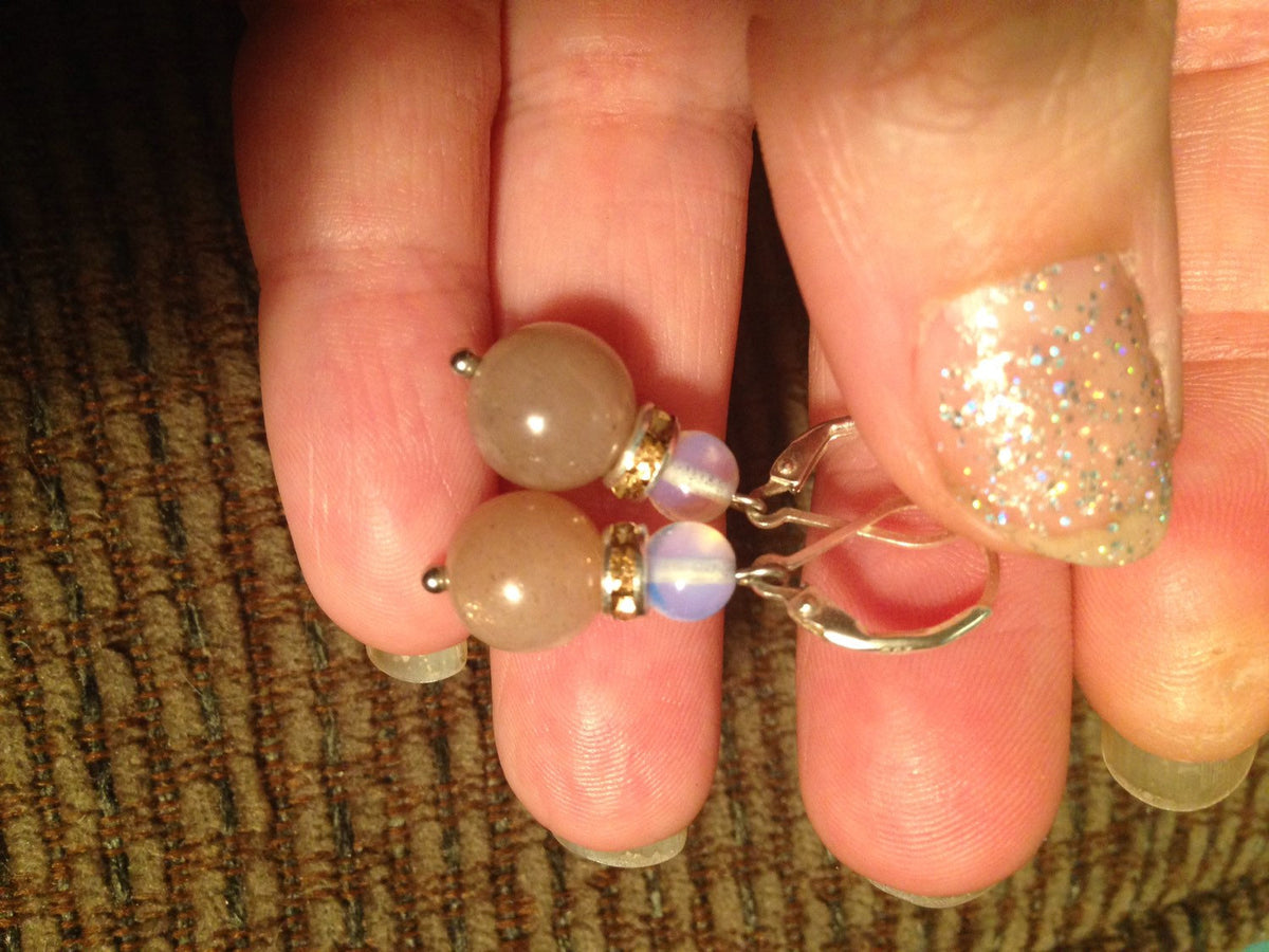 Womens earrings (E024) Peach moonstone and opalite earrings, crystal rhinestones, natural stone earrings, stone jewelry, stone gift