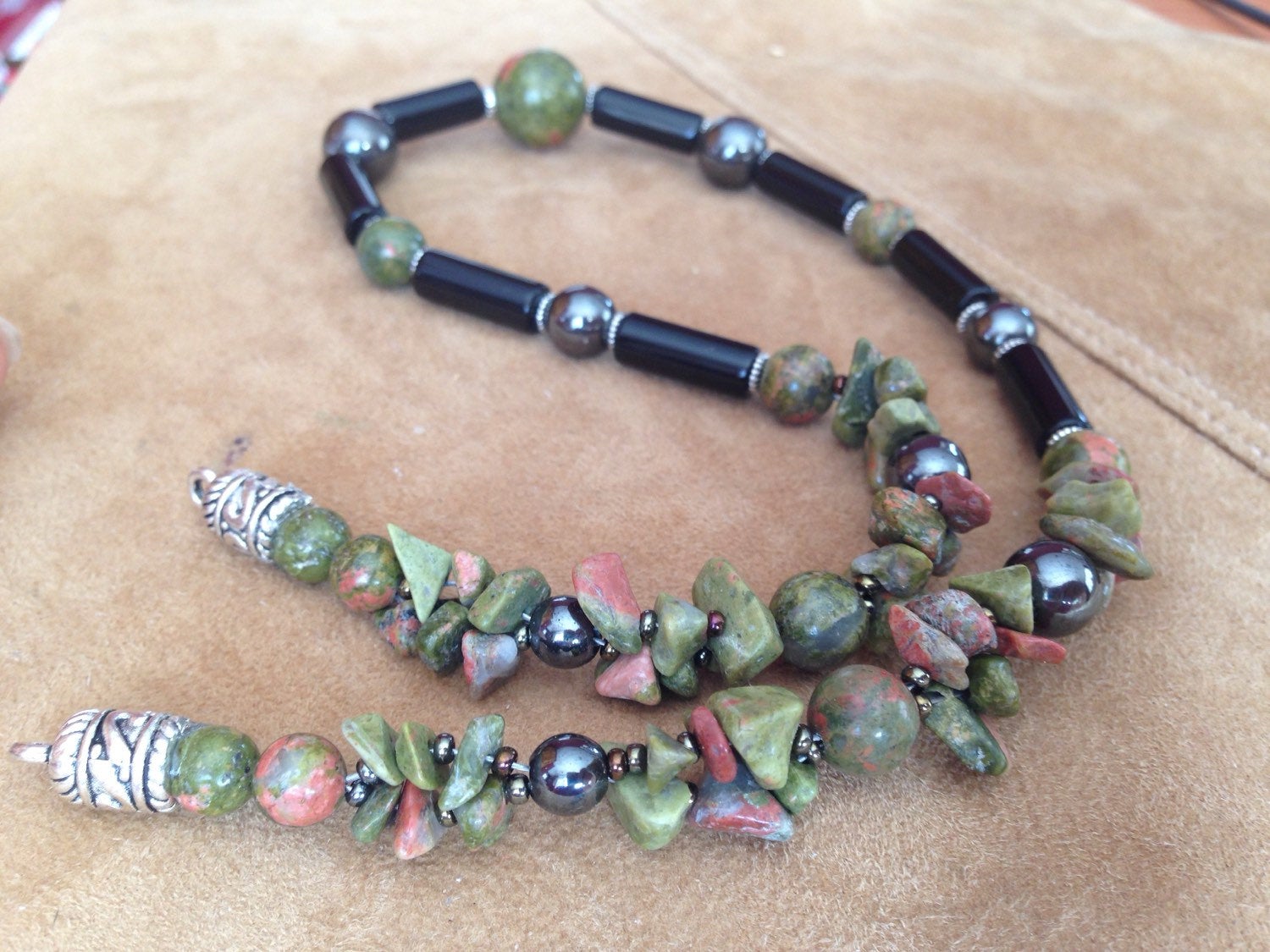Men's necklace in Unakite, black onyx and hematite natural stone necklace, stone jewelry