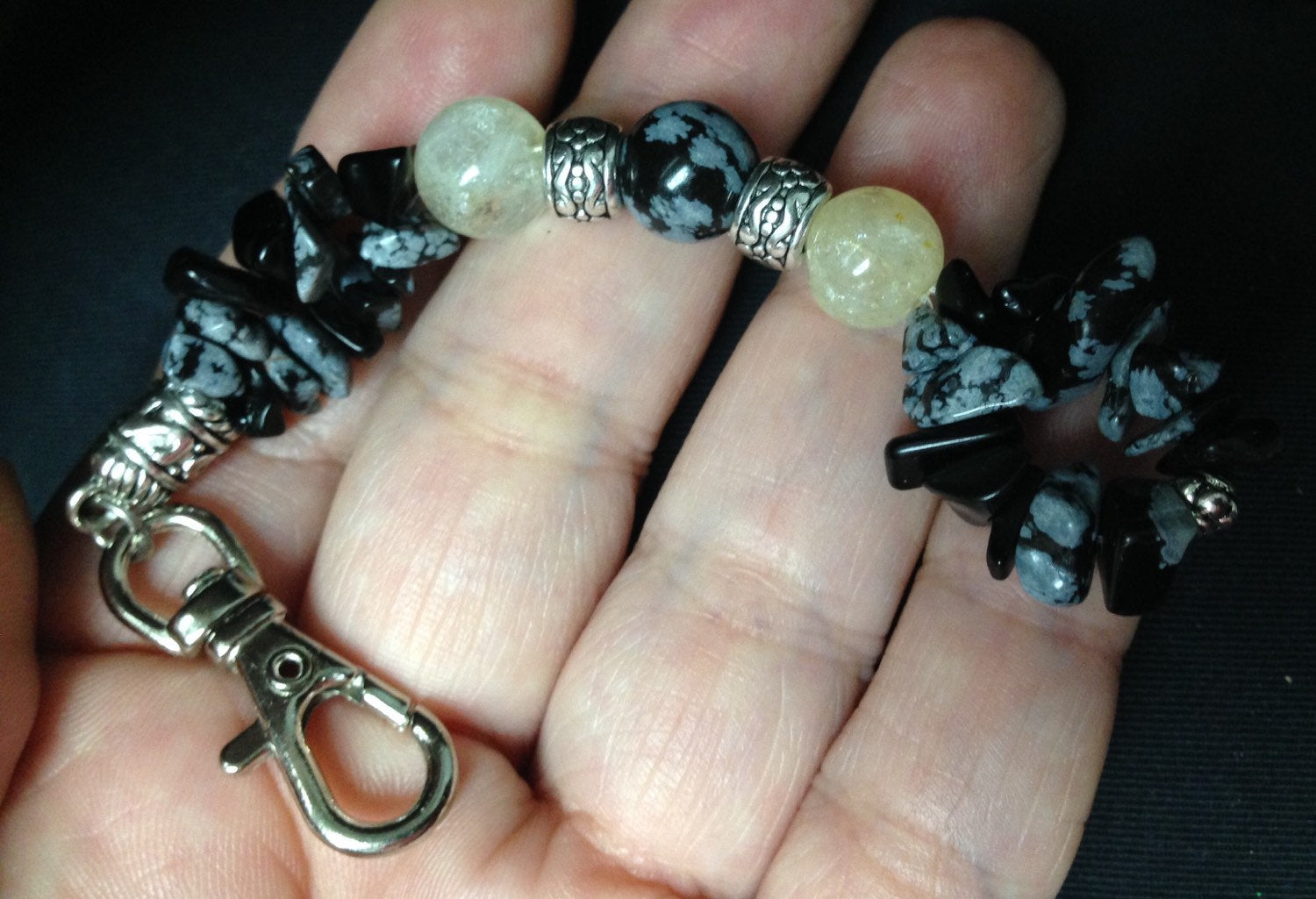 KEYCHAIN Citrine & Snowflake Obsidian stone keychain, good luck, prosperity, zipper pull, stone gift, unique gift