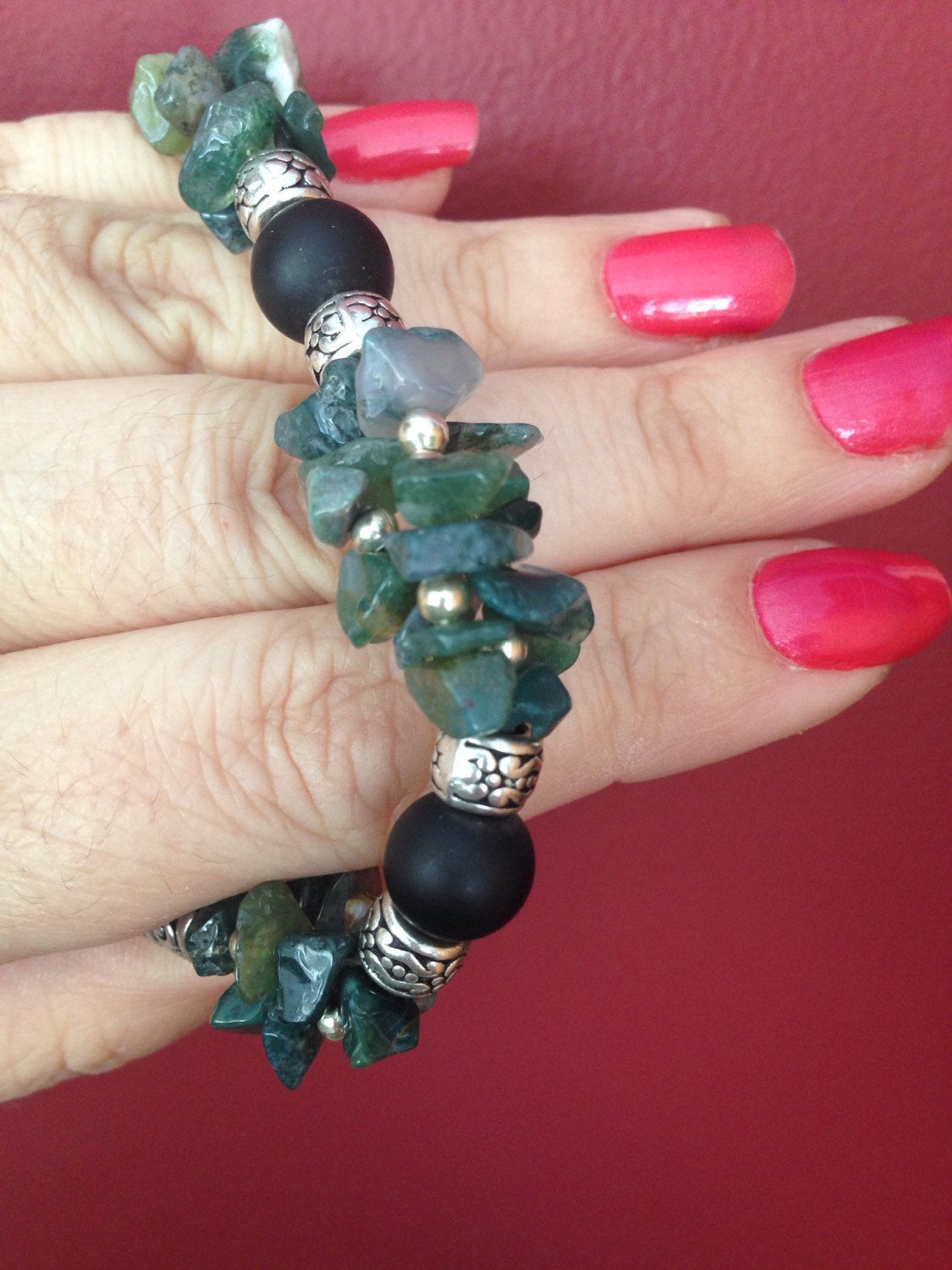 Women's bracelet in black onyx and moss agate (B157), stone jewelry, prosperity, good luck amulet, meditation bracelet