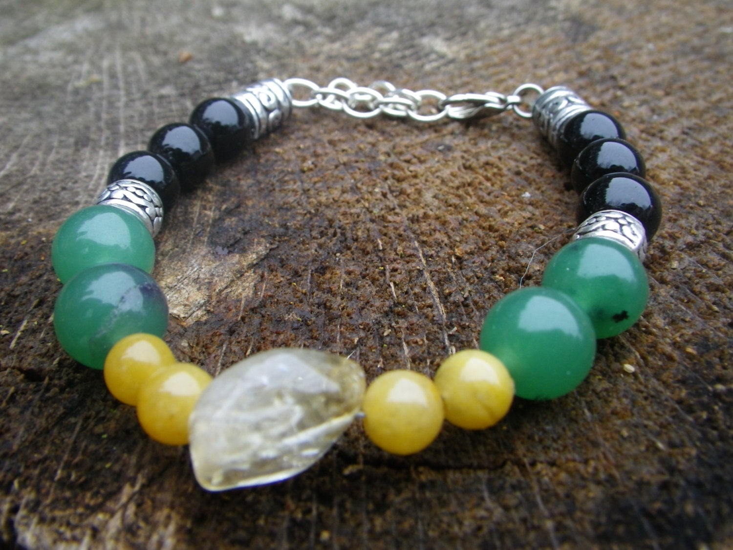 GOOD LUCK bracelet yellow jade, green aventurine, citrine and black onyx, stone bracelet, lucky amulet, prosperity