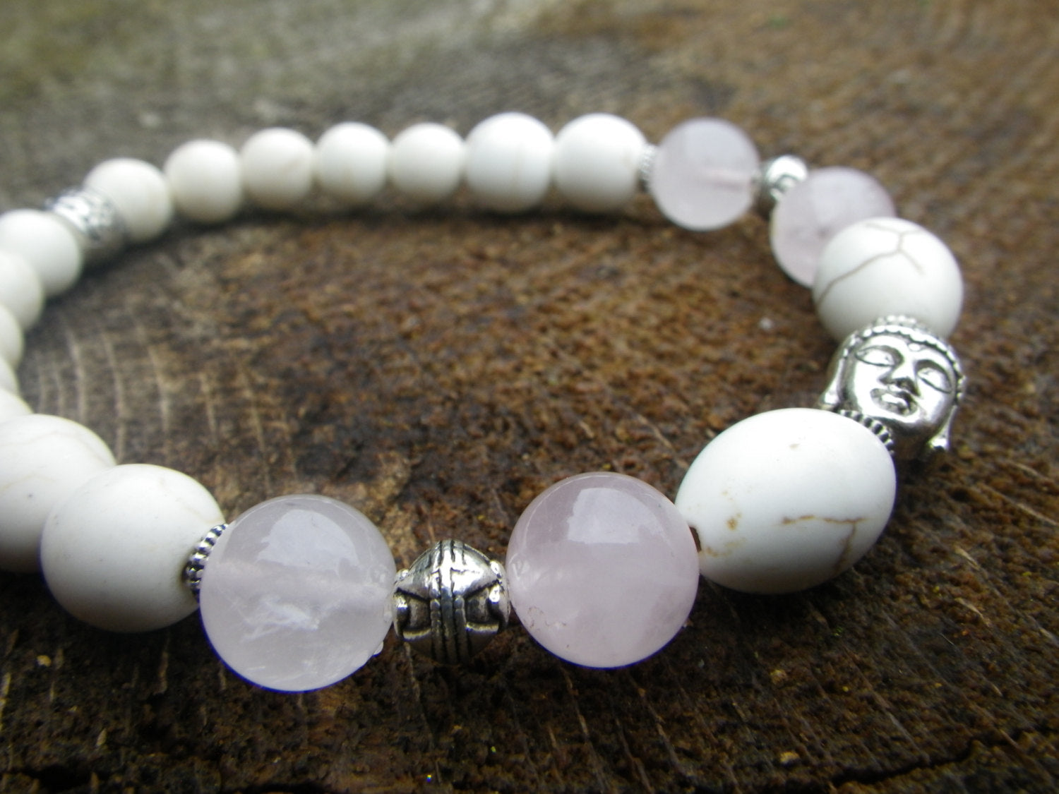 LOVE bracelet in Rose Quartz and Howlite, Zen Buddhist, Buddha bracelet, Mala bracelet, Meditation bracelet, stone bracelet