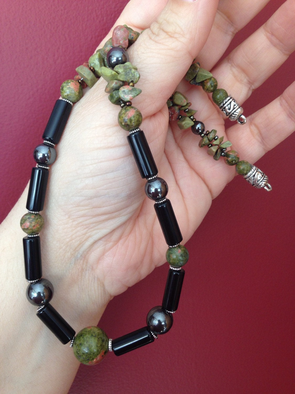 Men's necklace in Unakite, black onyx and hematite natural stone necklace, stone jewelry
