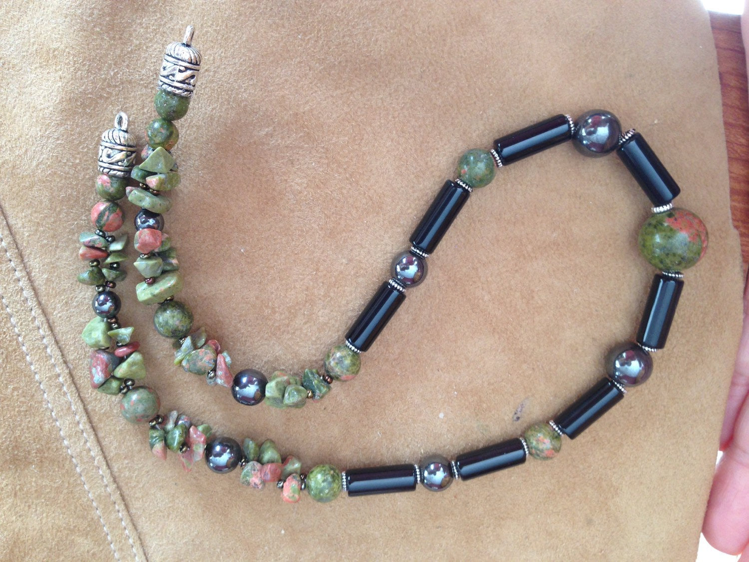 Men's necklace in Unakite, black onyx and hematite natural stone necklace, stone jewelry