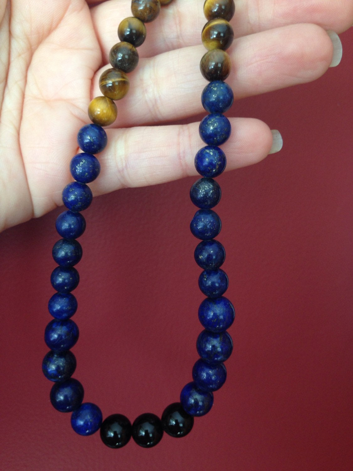 Stone necklace in lapis lazuli, black onyx and tigers eye, protection, safe travel, natural stones, stone jewelry