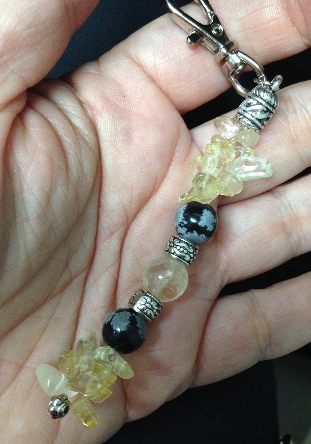 KEYCHAIN Citrine & Snowflake Obsidian keychain, good luck amulet, prosperity stones, stone jewelry, purse jewelry
