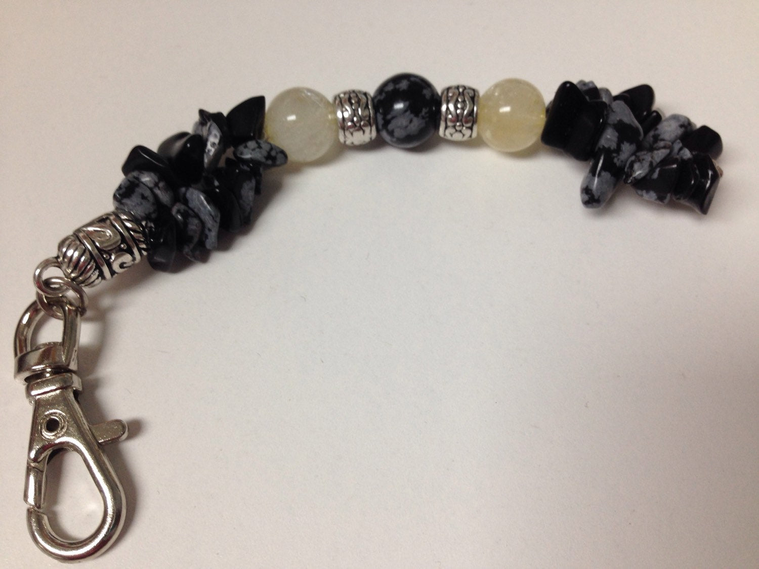 KEYCHAIN Citrine & Snowflake Obsidian stone keychain, good luck, prosperity, zipper pull, stone gift, unique gift