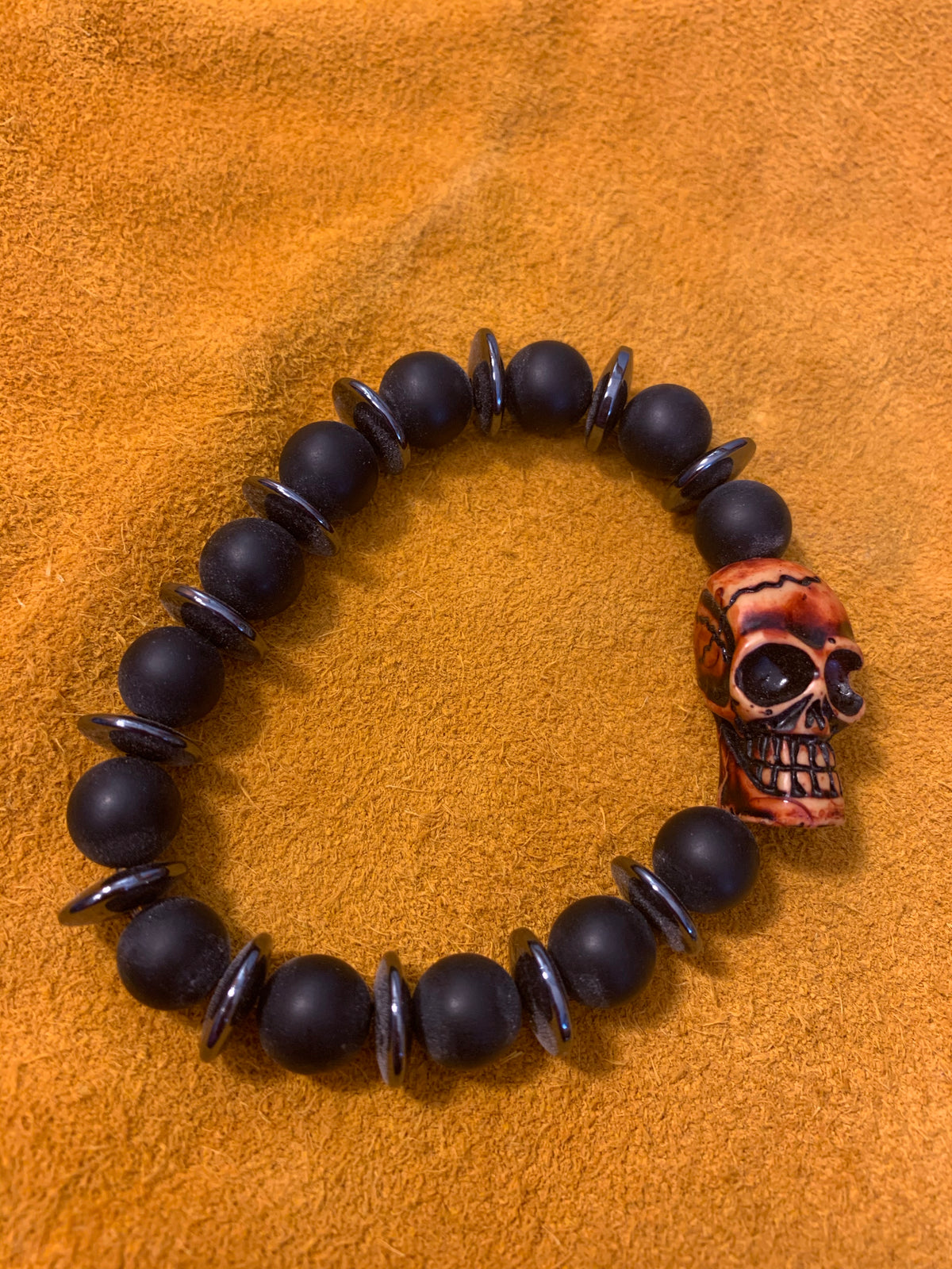 Skull bracelet with black onyx and hematite, Skater, skateboard, scooter