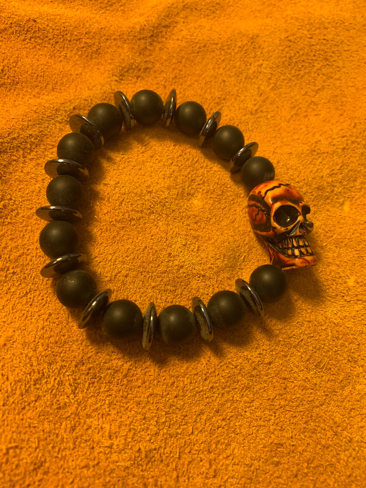 Skull bracelet with black onyx and hematite, Skater, skateboard, scooter