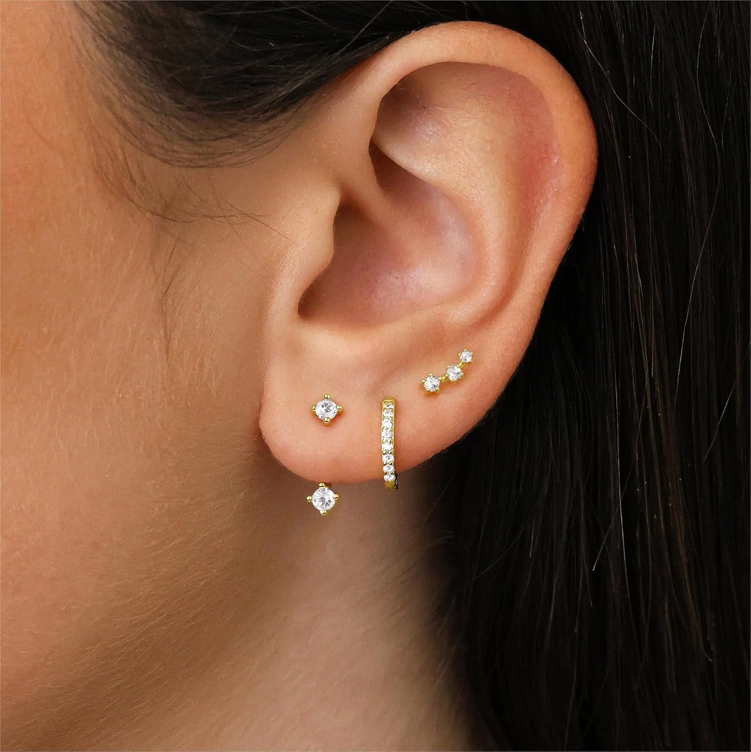 Gold Stud Earrings Set for Women, 3 Pairs Huggie Hoop Jacket Studs Earring Stack