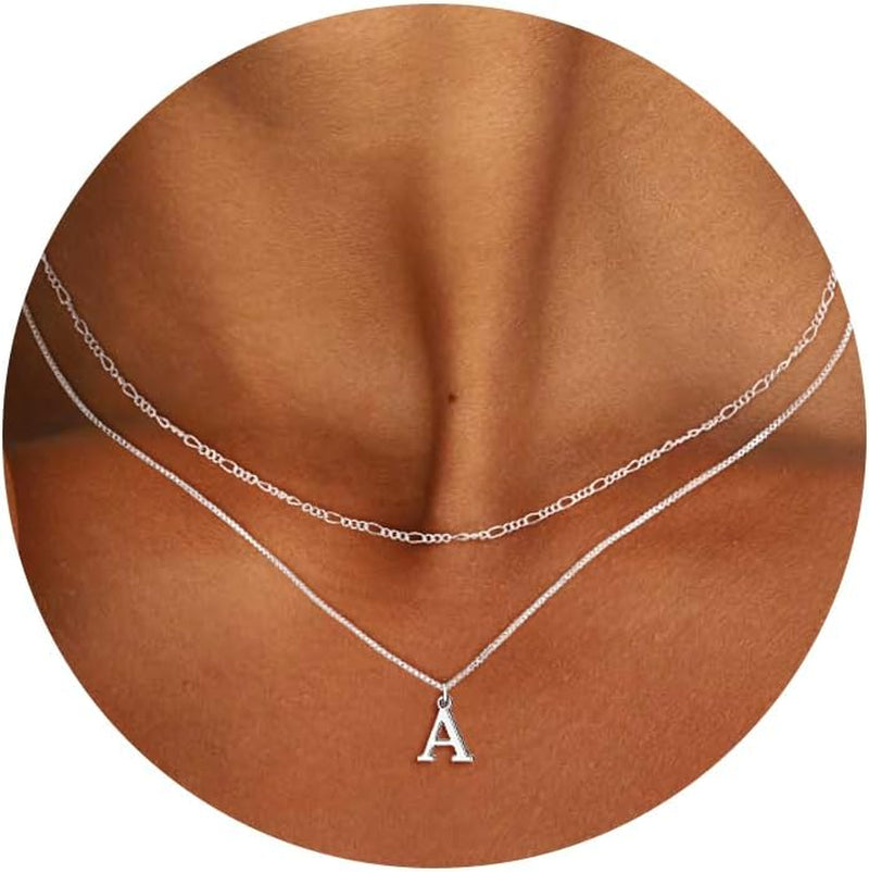 Silver Initial Necklaces for Women Trendy, 14K Layered Necklace for Women Dainty Silver Letter Pendant Figaro Choker Necklaces Costume Monogram Name Necklace Silver Simple Tiny Jewelry Set