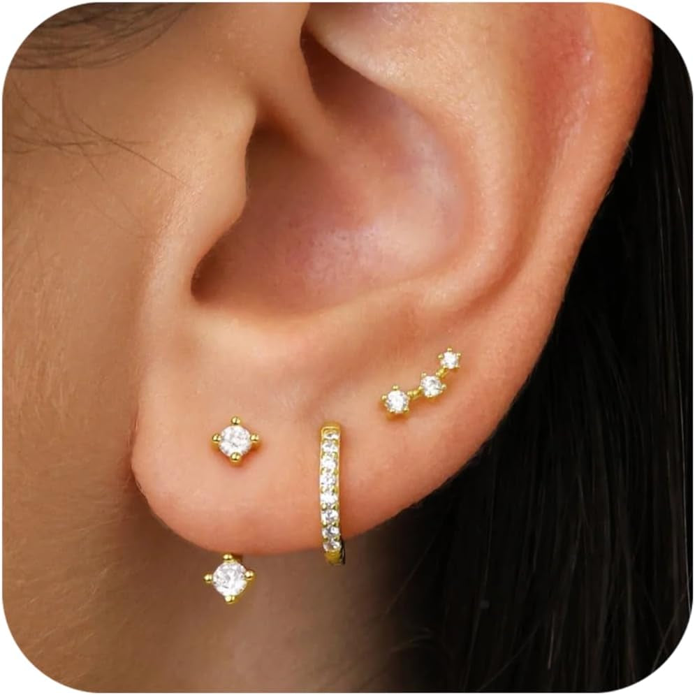 Gold Stud Earrings Set for Women, 3 Pairs Huggie Hoop Jacket Studs Earring Stack