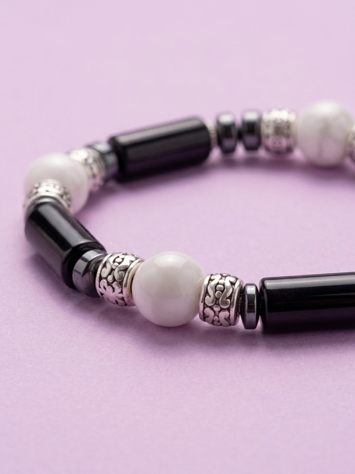 Men's White Dolomite Hematite Black Onyx Mala Bracelet | Grounding Protection Stone Jewelry Gift for Him