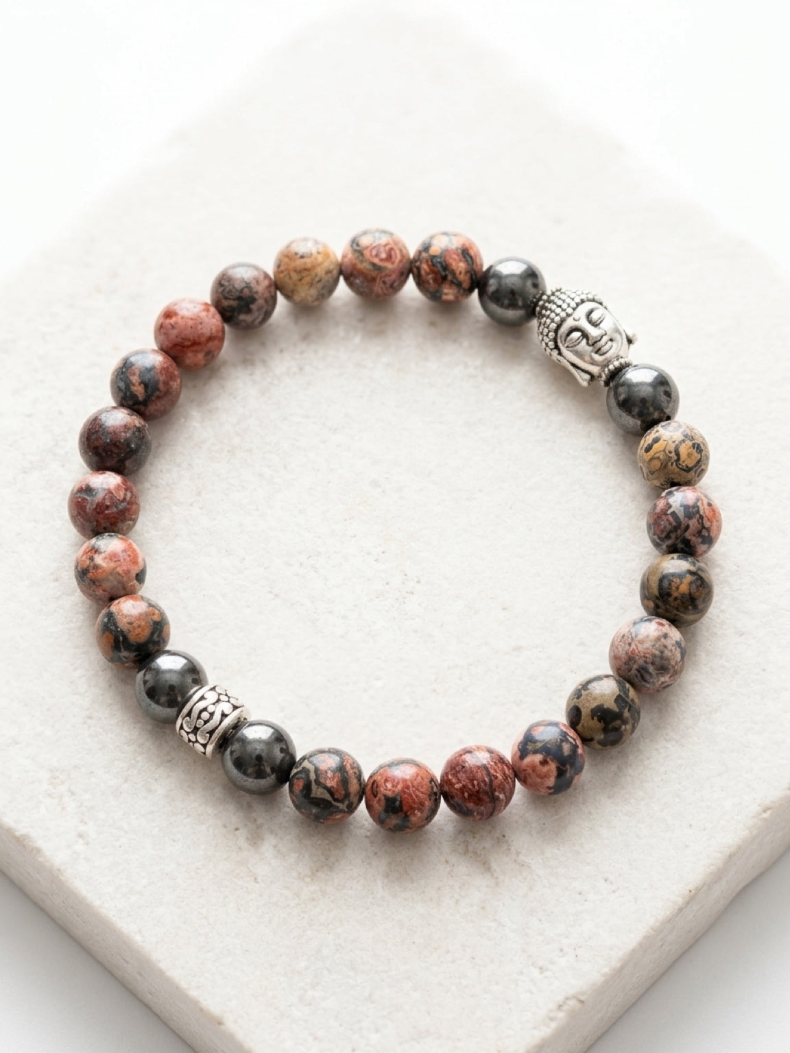 MENS BRACELET (B011) Buddha mens bracelet in leopardskin jasper and hematite, calming and grounding, zen jewelry
