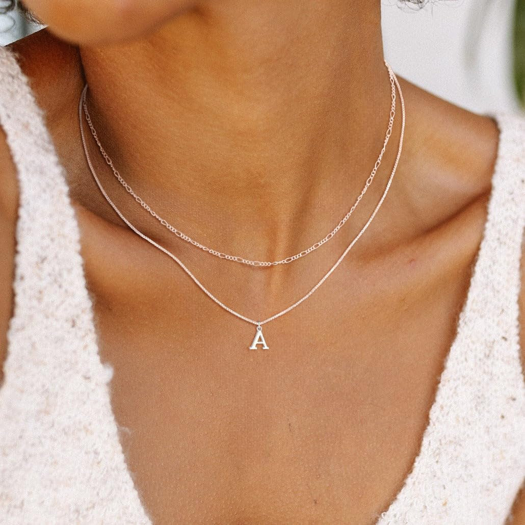 Silver Initial Necklaces for Women Trendy, 14K Layered Necklace for Women Dainty Silver Letter Pendant Figaro Choker Necklaces Costume Monogram Name Necklace Silver Simple Tiny Jewelry Set