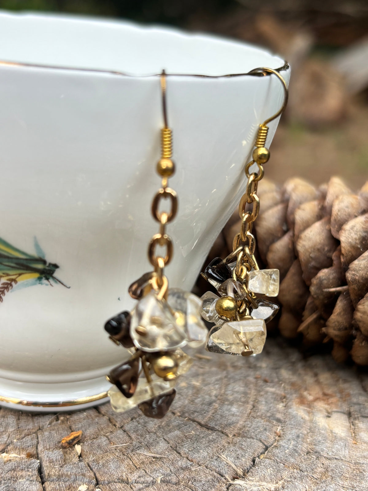 Citrine and Smokey Quartz drop cluster earrings