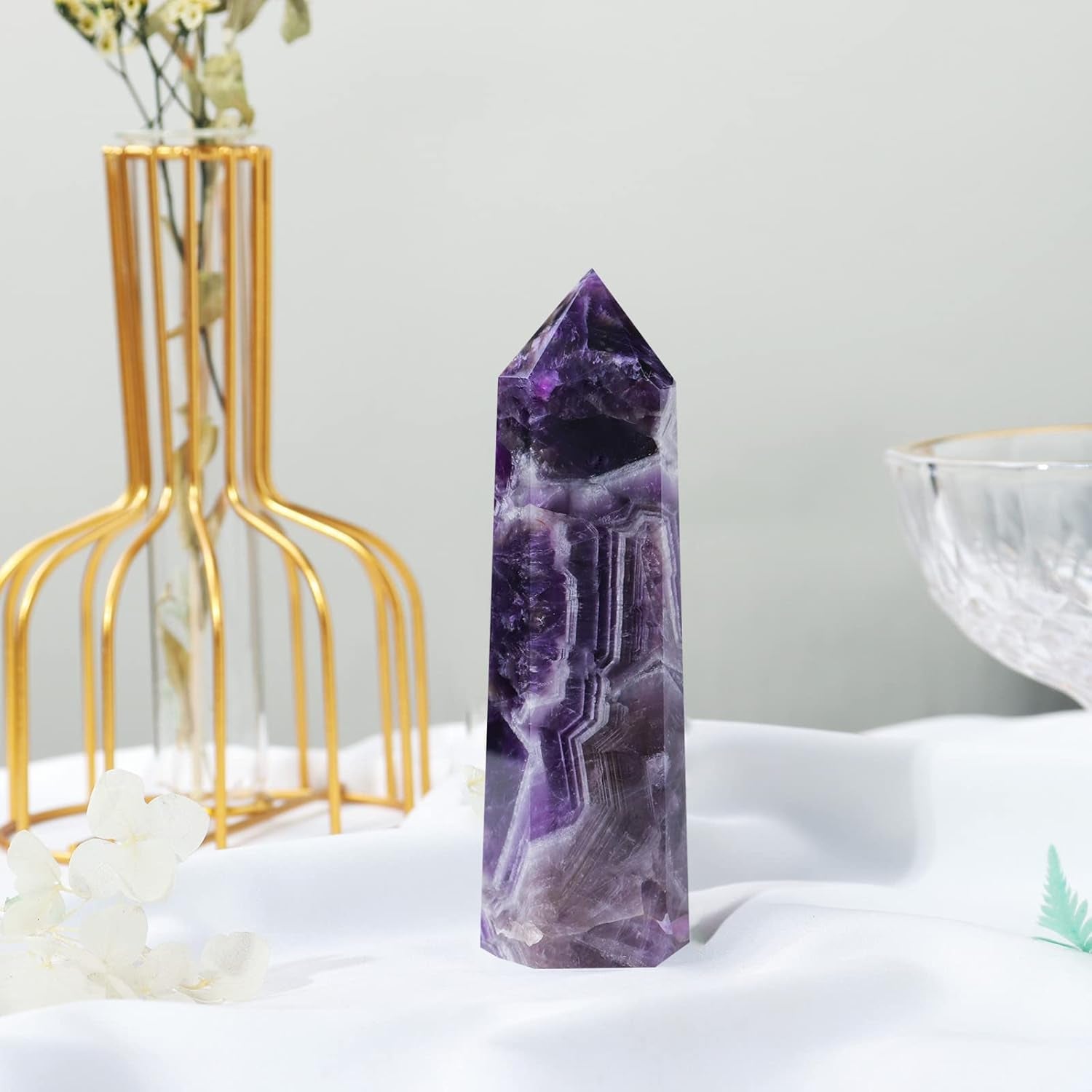 Dream Amethyst Healing Crystal Wands Height 3.3"-3.5", 6 Faceted Prism Wand Reiki Chakra Stone, Natural Quartz Energy Tower Home Decoration Ornament