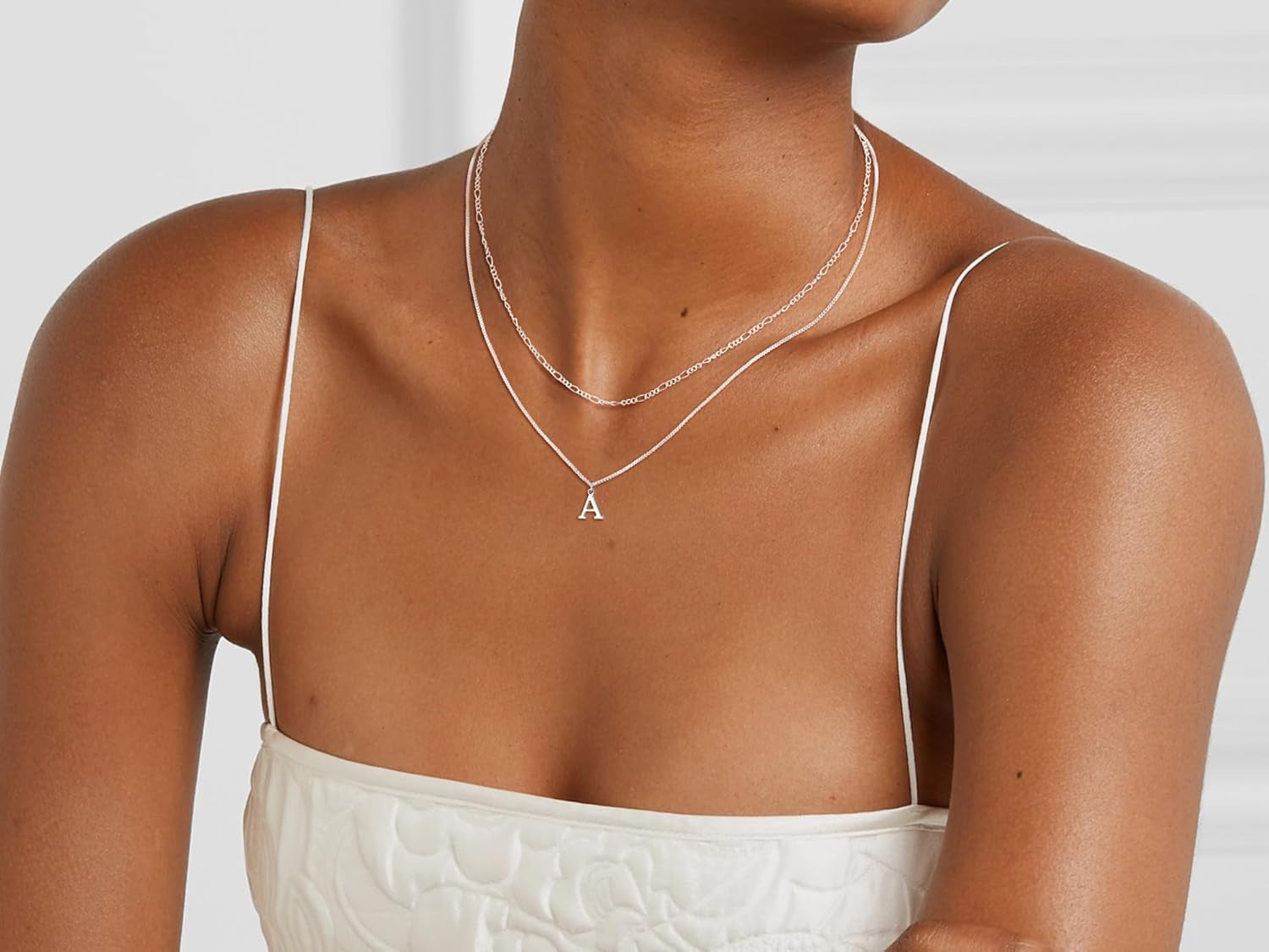 Silver Initial Necklaces for Women Trendy, 14K Layered Necklace for Women Dainty Silver Letter Pendant Figaro Choker Necklaces Costume Monogram Name Necklace Silver Simple Tiny Jewelry Set