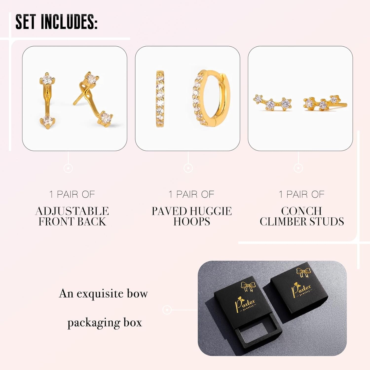 Gold Stud Earrings Set for Women, 3 Pairs Huggie Hoop Jacket Studs Earring Stack